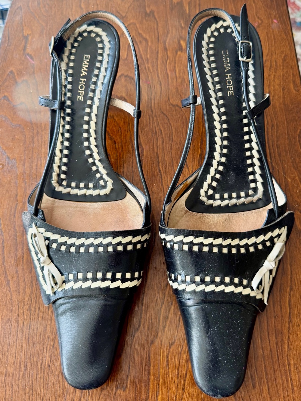Emma Hope Black Slingback Mules with Cream Woven Trim